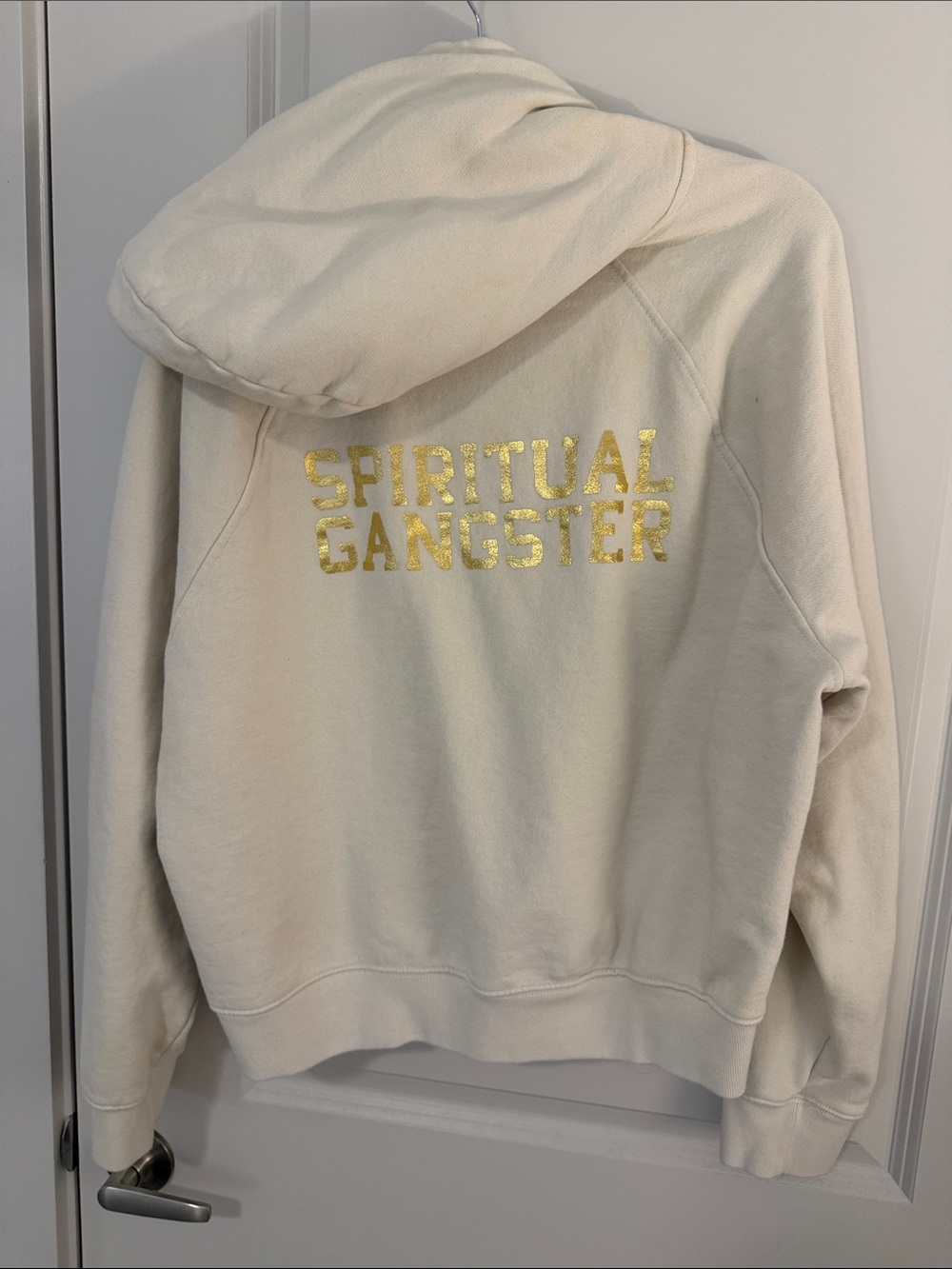 Spiritual Gangster Cream Zip-Up Hoodie with Gold Logo